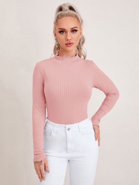 

mock neck rib-knit form fitted d5v5#, White