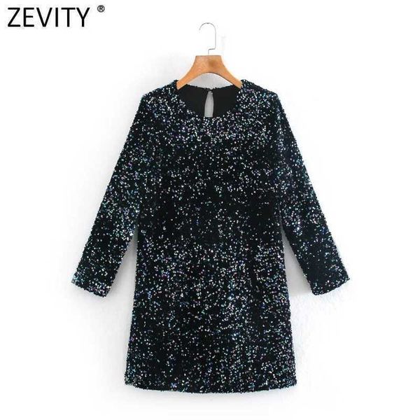 

zevity women high street o neck sequin mini dress femme chic casual slim vestido ladies streetwear party clothes ds4898 210603, Black;gray