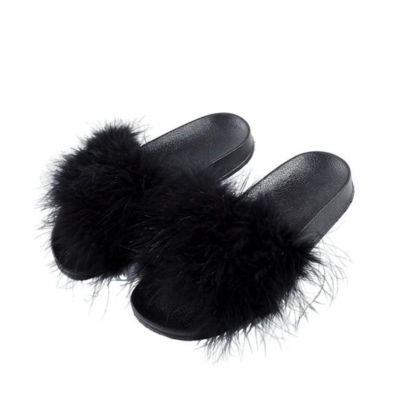 

slippers summer autumn women fluffy fluff decoration fashion wear flat bottom open toe sandals casual women's, Black