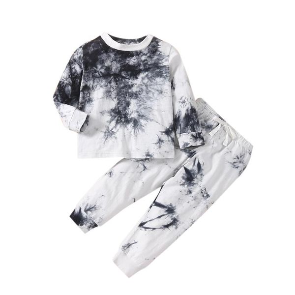 

clothing sets 2 pcs toddler tie-dye outfits, boys long sleeve round neck sweater + trousers with bowknot, White