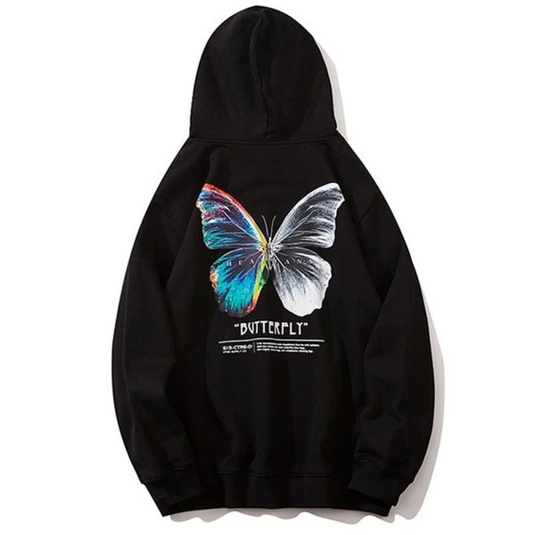 

butterfly hooded loose hipster fleece hoodie hip hop oversize sweatshirt men 2021 streetwear harajuku color plus size men's hoodies & s, Black