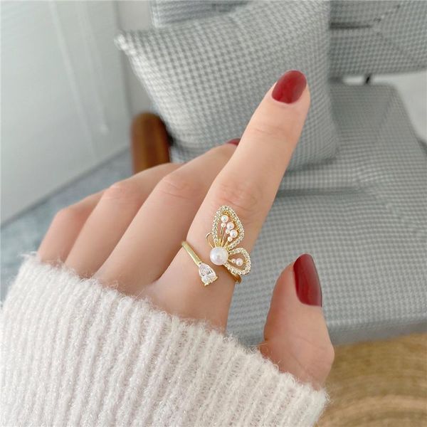 

cluster rings korean fashion crystal zircon imitation pearl butterfly gold ring exquisite knuckle jewelry anniversary gift for girls, Golden;silver