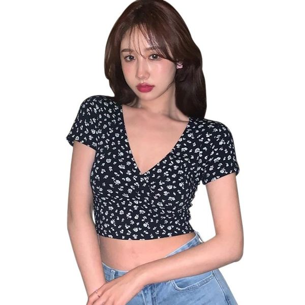 

women's t-shirt t shirt for women floral print v neck slim expose navel short sleeve, White