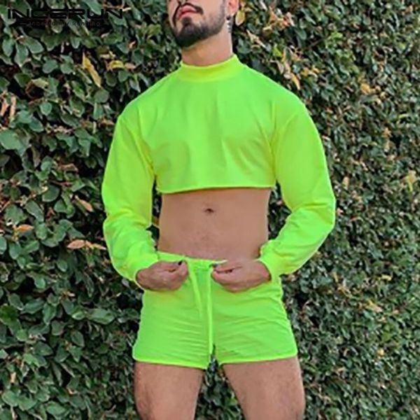 

men's tracksuits incerun man sport suits 2021 summer leisure solid color men sets fashion long sleeve turtleneck crop drawstring short, Gray