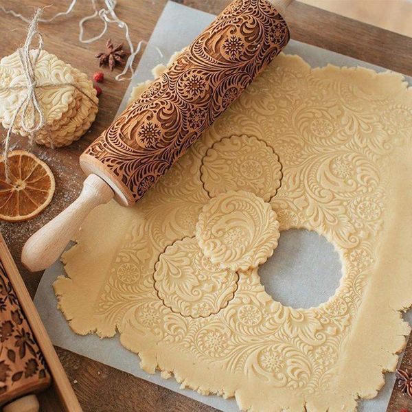 

baking moulds christmas embossing rolling pin cookies biscuit fondant cake dough engraved wooden roller reindeer elk snowflake