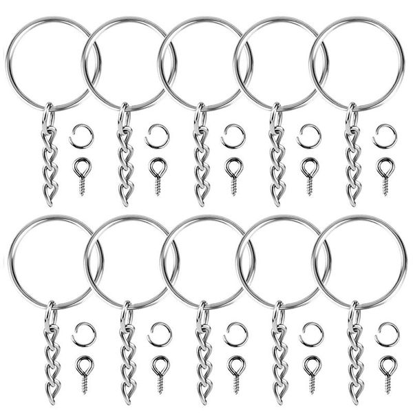 

keychains 100pcs keychain rings jewelry with chain and 100 pcs screw eye pins bulk for crafts, Silver