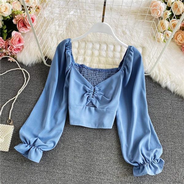 

autumn style temperament fashion womens shirts retro v neck puff sleeves chest cut short shirt uk657, White