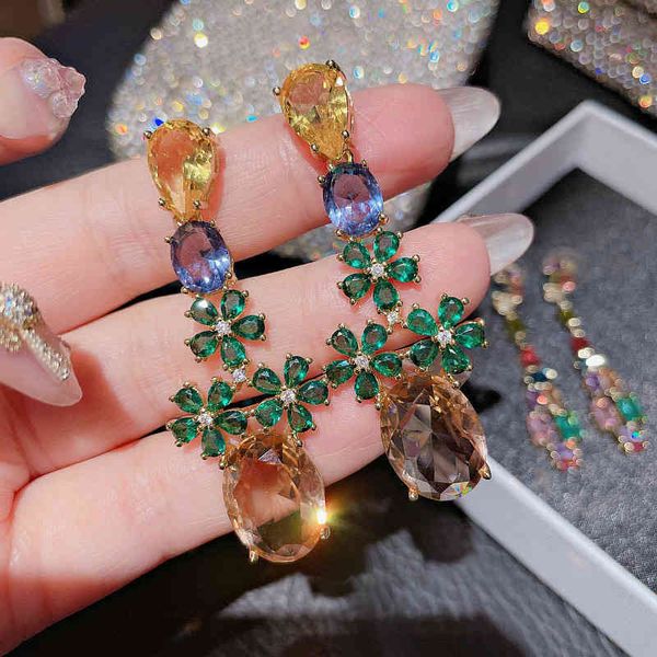

luxury for women yellow crystal 925 silver flowers pendant drop earrings oval cut elegant party earring jewelry, Golden
