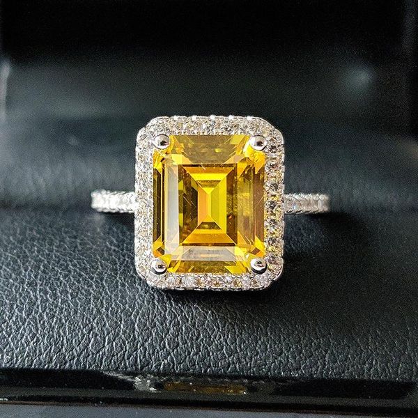 

cluster rings 925 sterling silver fashion yellow zircon engagement ring for women ladies girl big brand jewelry party gift moonso r4998, Golden;silver