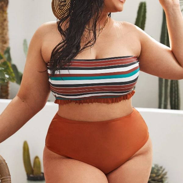 

women's large stripe 2-piece bikini swimsuit strap high waist cut 4xl
