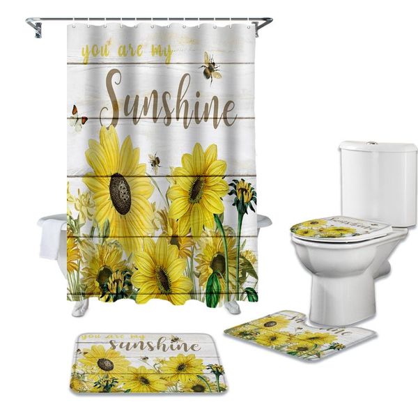 

sunflower bee butterfly wood board bathroom set durable waterproof shower curtain rug carpet toilet lid cover bath mat curtains