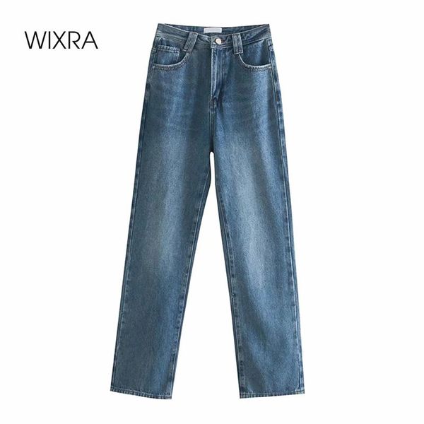 

women's jeans wixra 2021 women solid zipper button high waist loose straight casual long pants trousers autumn bottoms, Blue