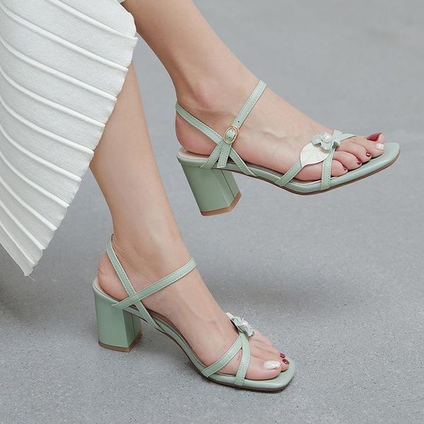 

dress shoes 2021 summer fairy style square head high-heeled leather sandals super versatile gentle wind camellia pearl thick heel sandal, Black