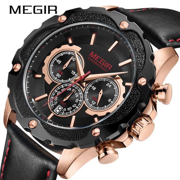 

wristwatches megir 2070 fashion men watches sport quartz man clock leather military army, Slivery;brown