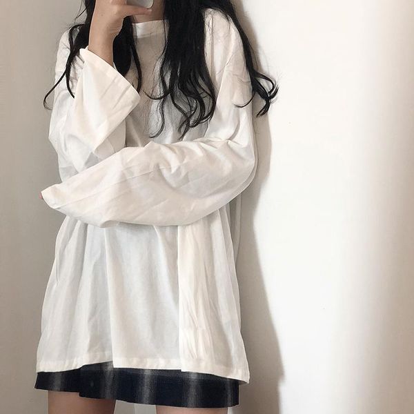 

women's t-shirt oversized loose long sleeve spring autumn clothing casual solid color crewneck bottom shirt korean t shirts, White