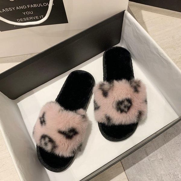 

slippers cotton women 2021 autumn and winter korean version of the net red printing word flat bottom casual hairy, Black
