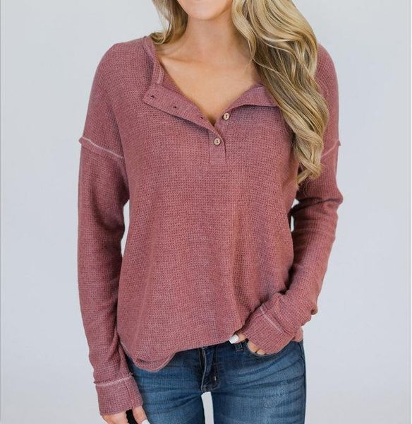 

women's t-shirt 2021 europe style autumn solid button basic o-neck woman slim fashion female long sleeve, White