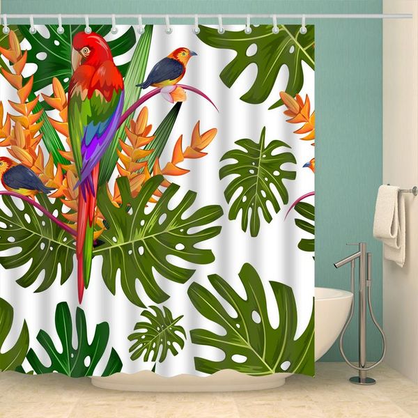 

parrot and green leaves shower curtain set with 12 hooks natural plants bathroom decoration washable polyester fabric curtains