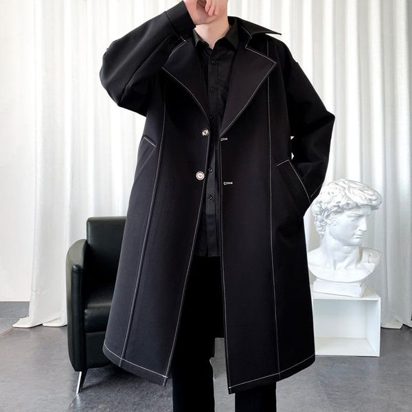 

men's trench coats coat autumn recreational dust youth fashion long open wire overcoat casual turn-down collar windbreaker, Tan;black