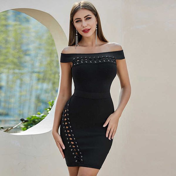 

luxury dresses one lace up party off shoulder tight club bandage, Black