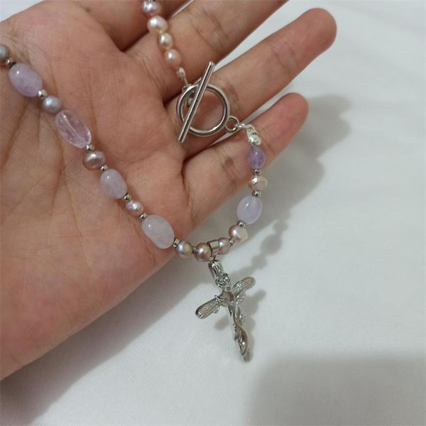 

chains arrival handmade original design natural amethyst freshwater pearl ladies necklace christian cross clavicle chain women gift, Silver