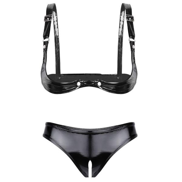 

2pcs womens crotchless lingerie set wet look patent leather open cup bra with crotch high cut mini briefs underwear one-piece suits
