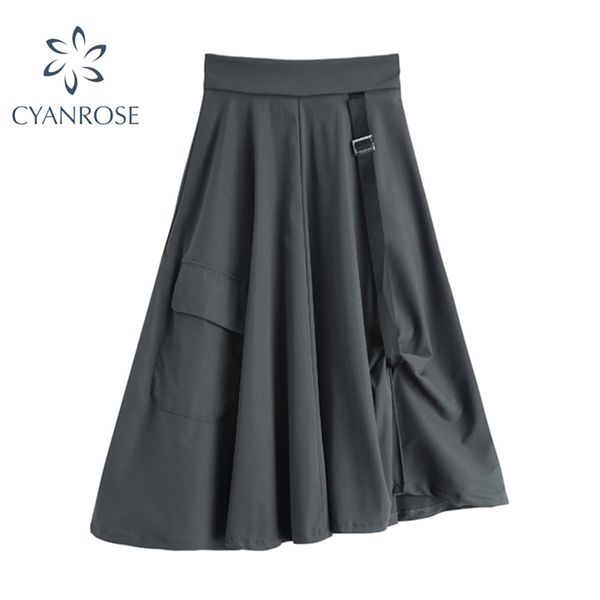 

high waist oversized streetwear skirts women harajuku a-line wrinkled pocket overalls skirt female fashion tide grey clothing 210430, Black