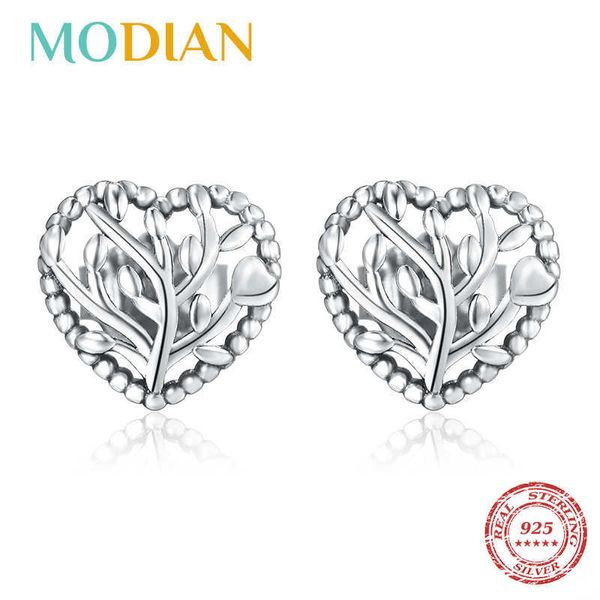 Hollow Line Tree Leaves Cuore Orecchini semplici per le donne 925 Sterling Silver Vintage Charm Jewelry Design Bijoux 210707