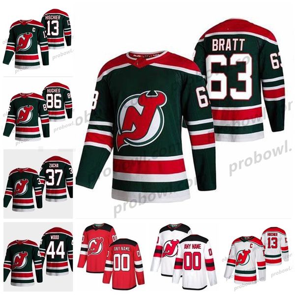 

2021 reverse retro nico hischier hockey new jersey devils 63 jesper bratt jersey stitched 19 travis zajac 37 pavel zacha 28 damon severson 4, Black;red