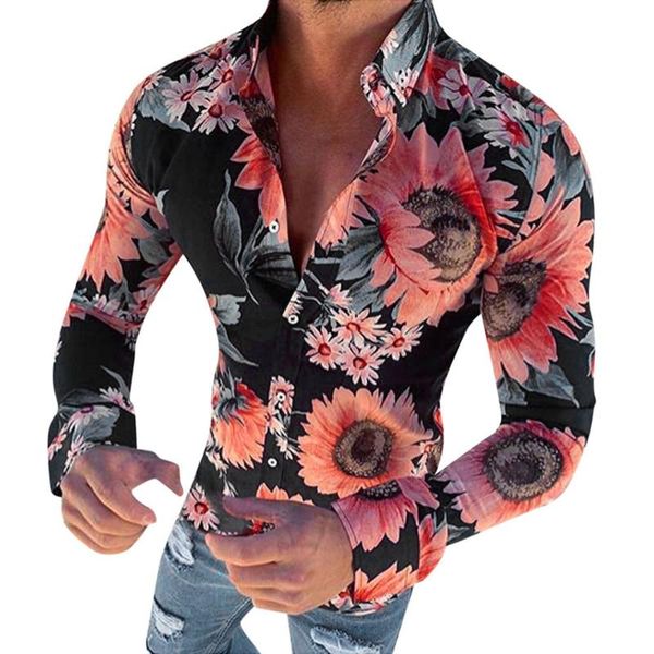 

men's casual shirts 2021 personality men slim long-sleeve shirt flower print button down vintage long sleeve plus siza, White;black
