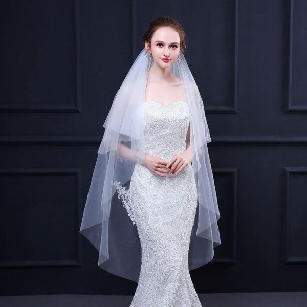 

bridal veils 2021 arrival simple design veil tulle 2 layers trailing appliques fingertip with comb, Black