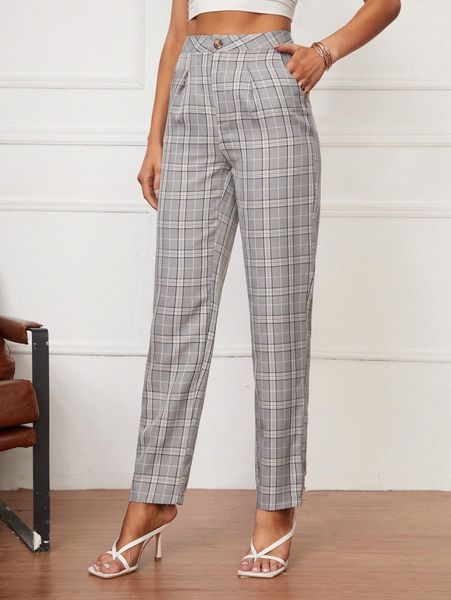 

tall high waist plaid slant pockets pants x7ja#, Black;white