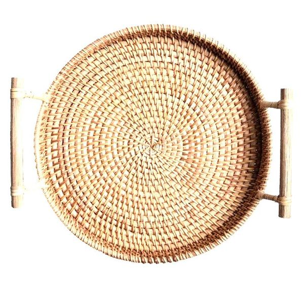

kitchen storage & organization rattan tray, round basket with handle, hand-woven, tray wicker bread fruit