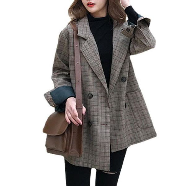 

spring design women double breasted plaid blazer temperament slim all match suit casual jacket coat women's suits & blazers, White;black