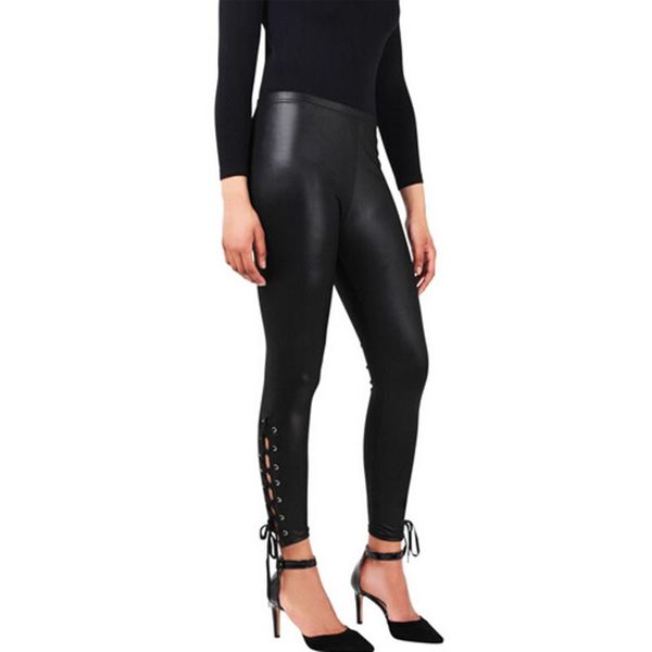 

yoga outfit black slim woman pants faux leather lace-up fitness fashion skinny punk sportwear women