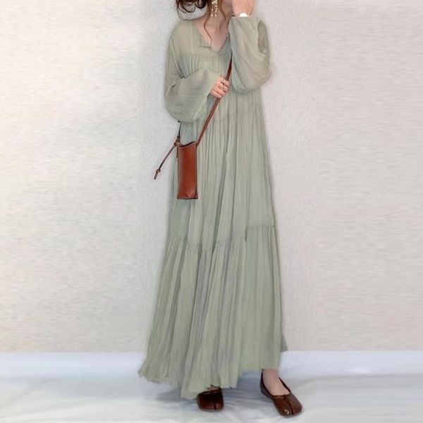 

casual dresses spring sweet women a line dress korean janpan 2021 plain v neck long lantern sleeve robe female maxi, Black;gray