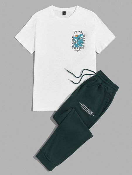 

men wave and slogan graphic tee & drawstring waist sweatpants 56av#, Gray