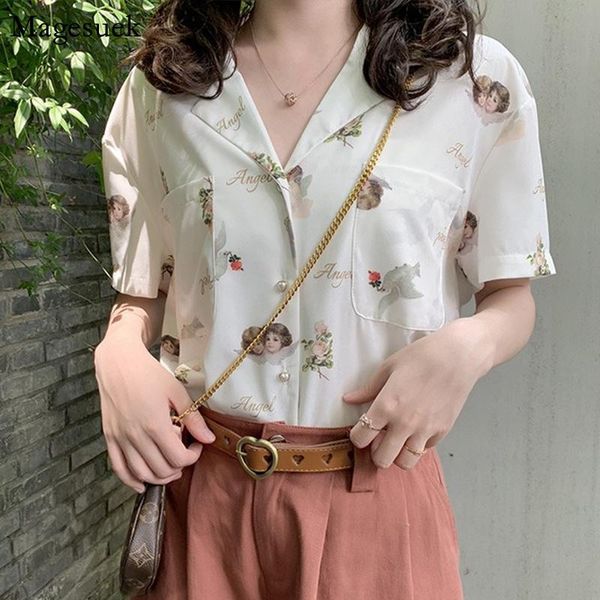 

v-neck white chiffon shirt women 2021 angel print plus size women's blouse vintage female blouses casual clothing 13490 & shirts
