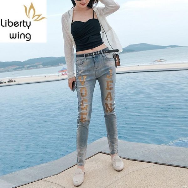 

women's jeans street skinny woman summer fashion letter ankle length blue casual high waist denim penicl pants plus size