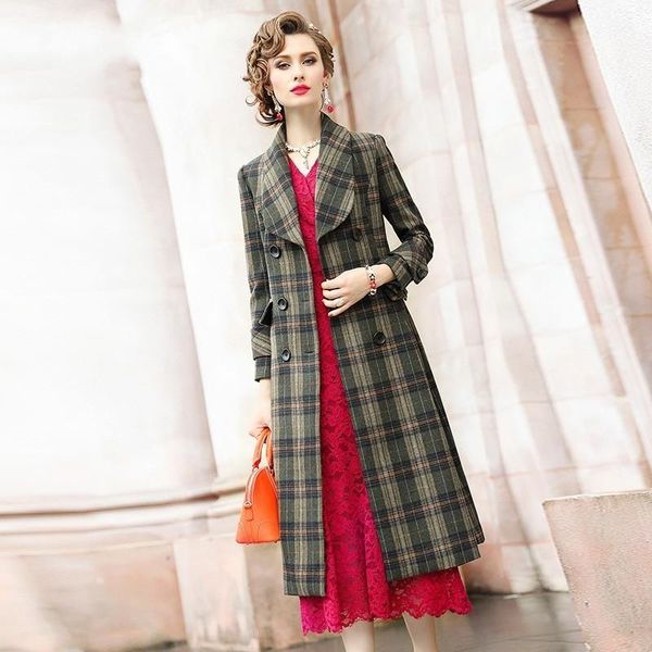 

women's wool & blends british coat woman maxi long trench plaid double breasted woolen vintage ol business female overcoat, Black