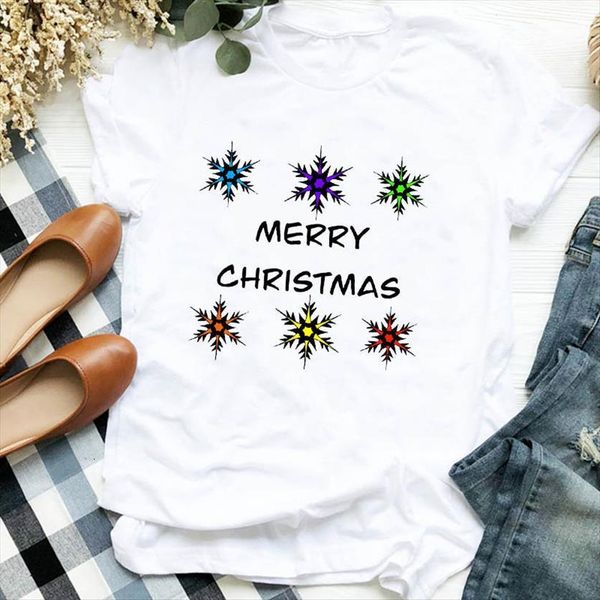 

merry christmas snowflake print women short sleeve o neck loose summer tee camisetas mujer, White