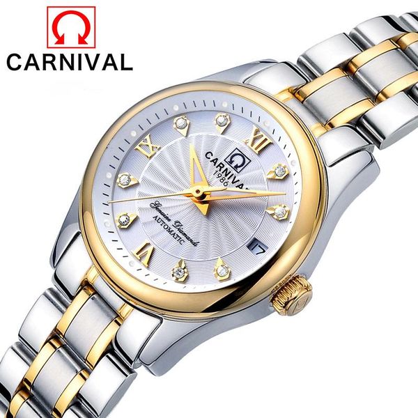 

relogio feminino carnival luxury women mechanical watches ladies waterproof crystal sapphire automatic wristwatch calendar clock wristwatche, Slivery;brown