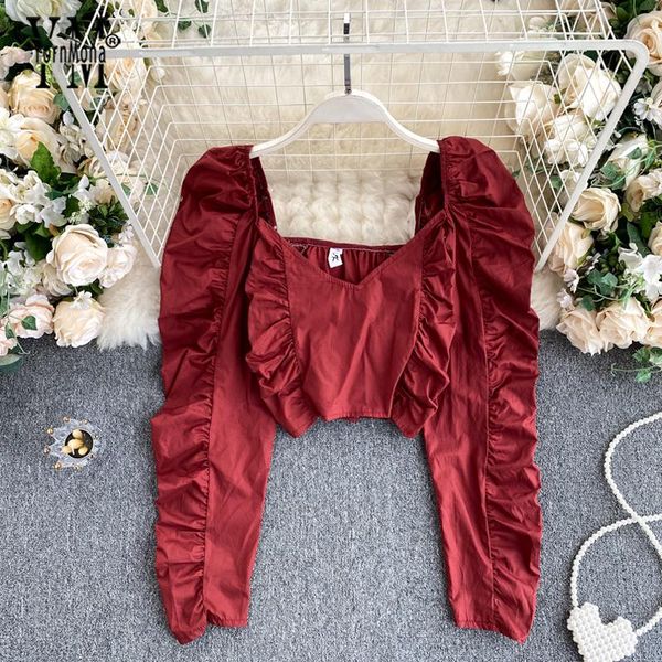 

yornmona backless red party blouse shirt women puff sleeve ruched v-neck short pullover elegant chic crop blusas women's blouses &, White