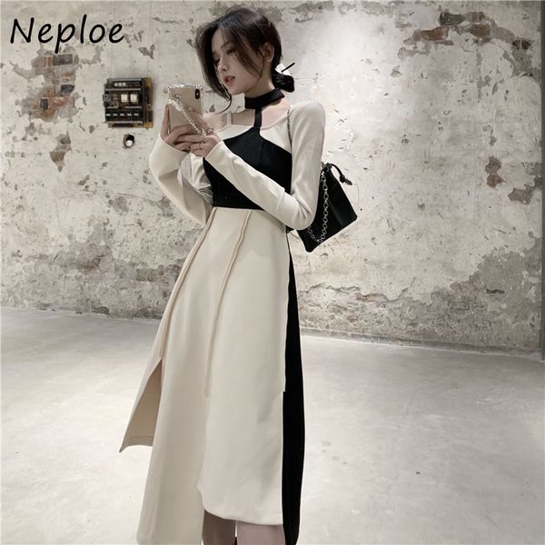

neploe korean irregular design temperament dress women high waist hip a line slim vestidos spring new long sleeve robe 210423, Black;gray