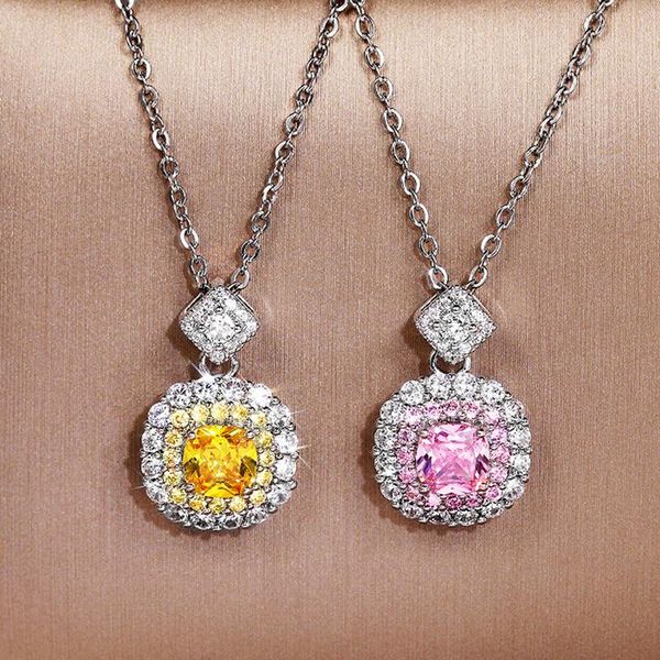 

pendant necklaces trendy delicate silver plated princess cut square pink&yellow zircon for women fashion jewelry party gift