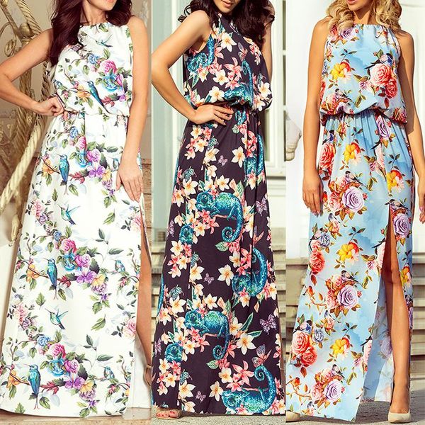 

floral print women dresses ladies sleeveless chiffon long bodycon formal wedding ball gown party 2xl halter maxi dress 2021 casual, Black;gray