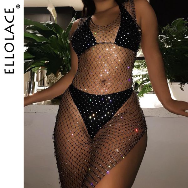 

bikini cover up crystal diamond bodycon dress women hollow out mini dress fishnet mesh beach dress party vestidos, Black;white