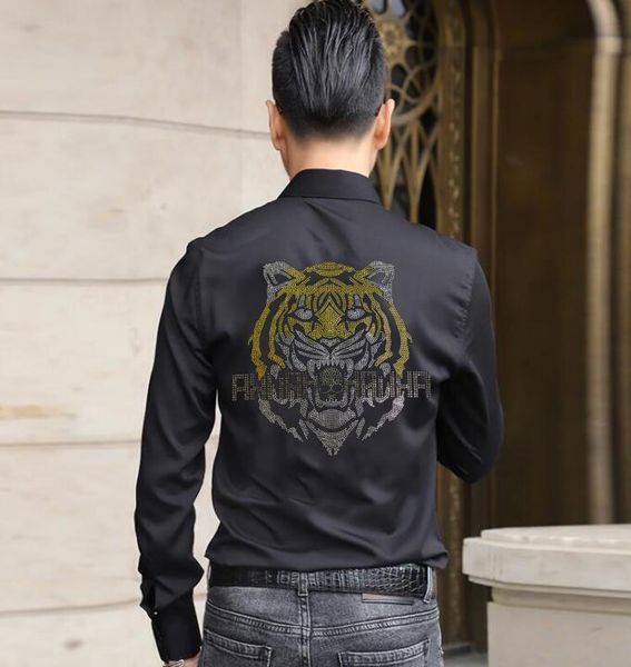 

men's casual shirts man fashion silk clothes long sleeve shirt male rhinestones soft dress, White;black