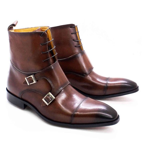

dress shoes british style men's winter boots genuine calfskin leather high cap toe cowboy buckle monk strap lace up for men 3uui, Black