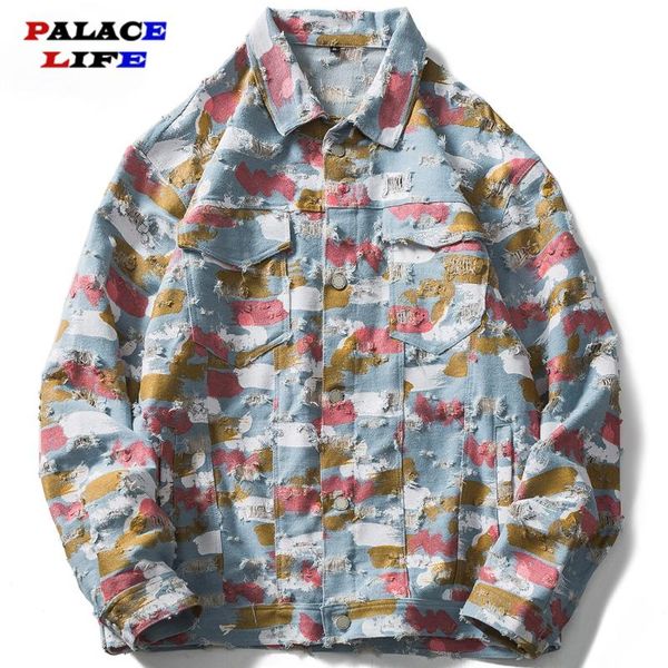 

men's jackets watercolor graffiti hole ripped denim jacket men hip hop style cowboy coat harajuku cotton casual 2021 autumn, Black;brown